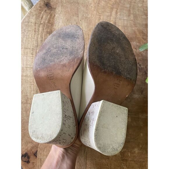 Tibi White Leather Open Toe Mules Cork Block Heel Sandals Size 39 US 8.5 - Picture 7 of 8